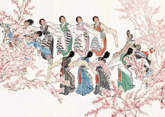 葉淺予高原之春紙本設(shè)色211cm×98cm、211cm×105cm、211cm×98cm1964年